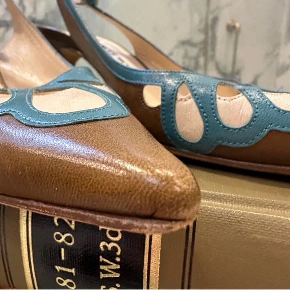 Jimmy Choo | 8 | Slingback Pumps Brown Teal Cutout Leather Pointed Toe 3” Heel - Picture 2 of 16